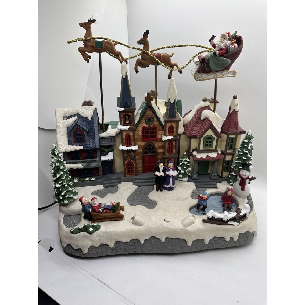 Eluceo In Motion Christmas Village Animated Santa Sleigh Ice Skating Scene EUC!